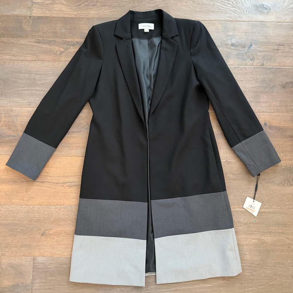 Calvin Klein Color Block Black Gray Open Front Blazer Jacket Coat~ Sz 12~ NWT